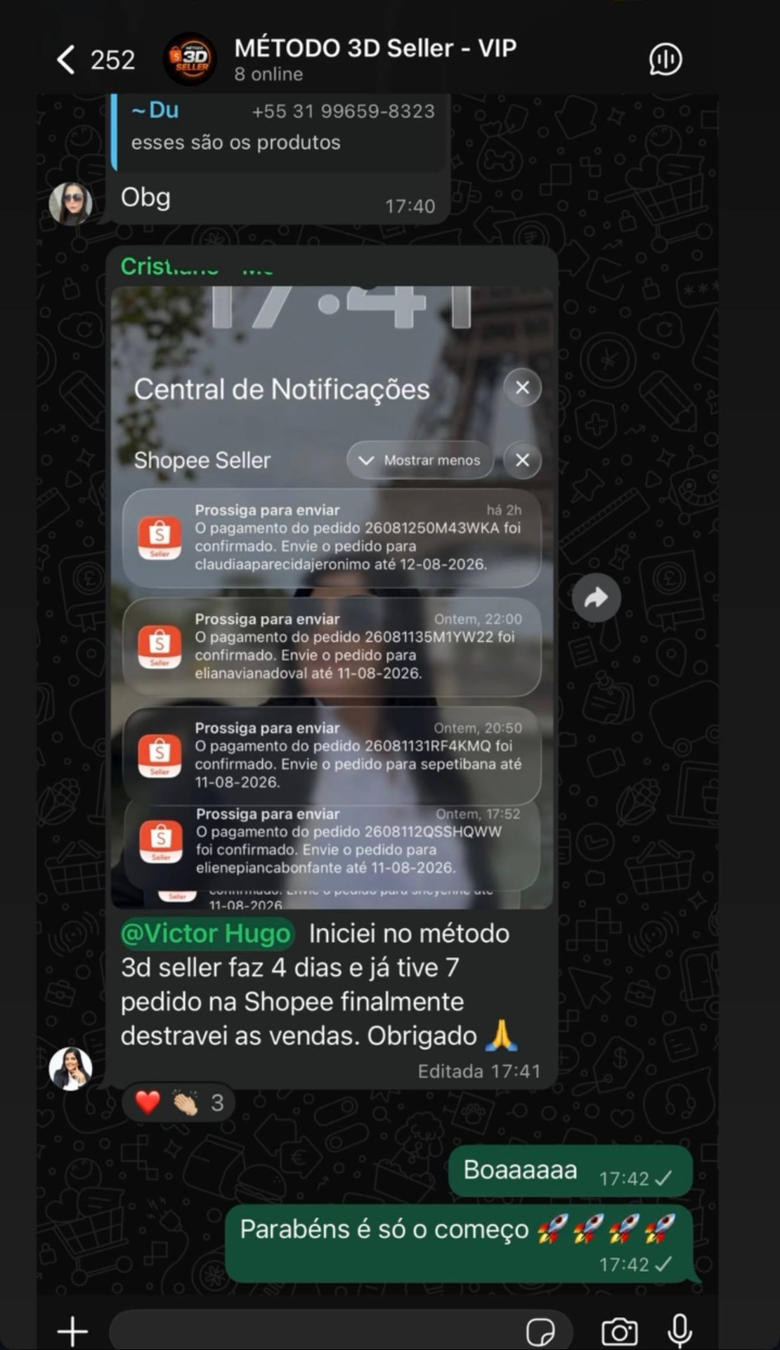 Feedback real de aluno do Método 3D Seller — FEEDBACK_01