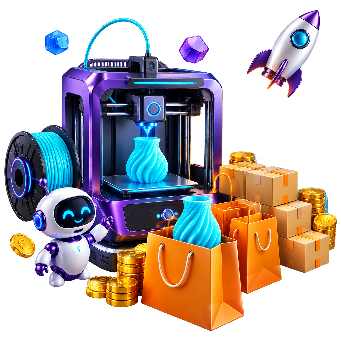 Impressora 3D conectada a produtos, pedidos, robô e crescimento